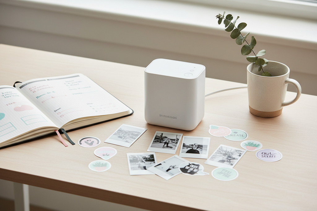 Lumiprint Mini portable Bluetooth thermal printer on aesthetic desk with bullet journal and printed photos
