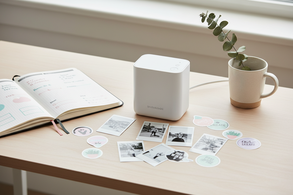 Lumiprint Mini portable Bluetooth thermal printer on aesthetic desk with bullet journal and printed photos