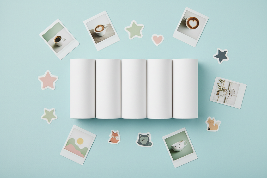 Lumiprint thermal paper refill pack 5 rolls flat lay with printed photos and stickers on pastel background