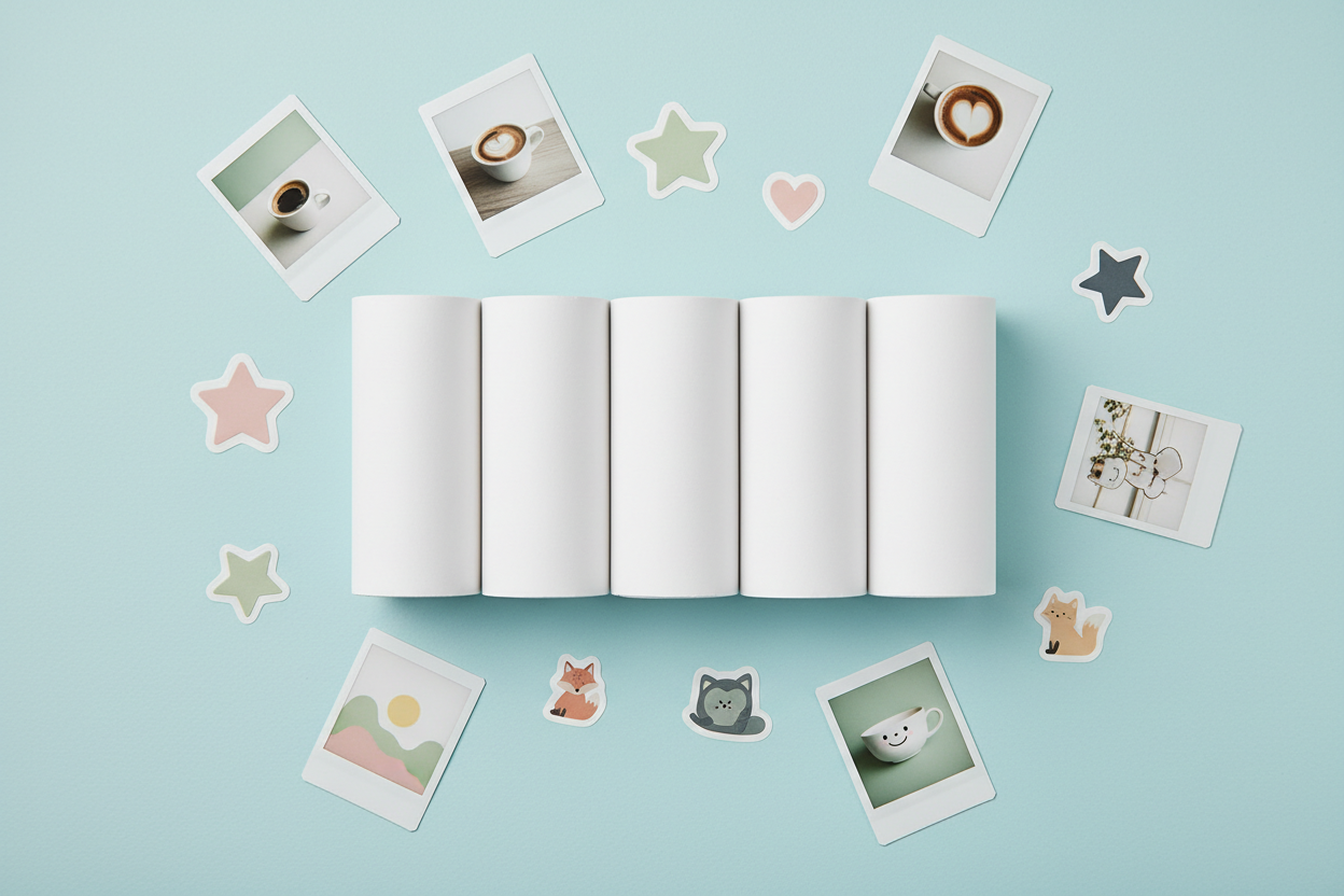 Lumiprint thermal paper refill pack 5 rolls flat lay with printed photos and stickers on pastel background