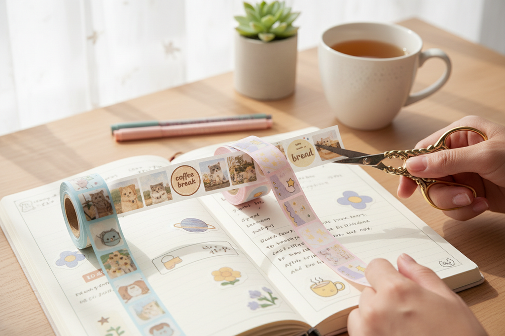 Lumiprint adhesive thermal sticker paper rolls with custom printed stickers peeling off on a bullet journal